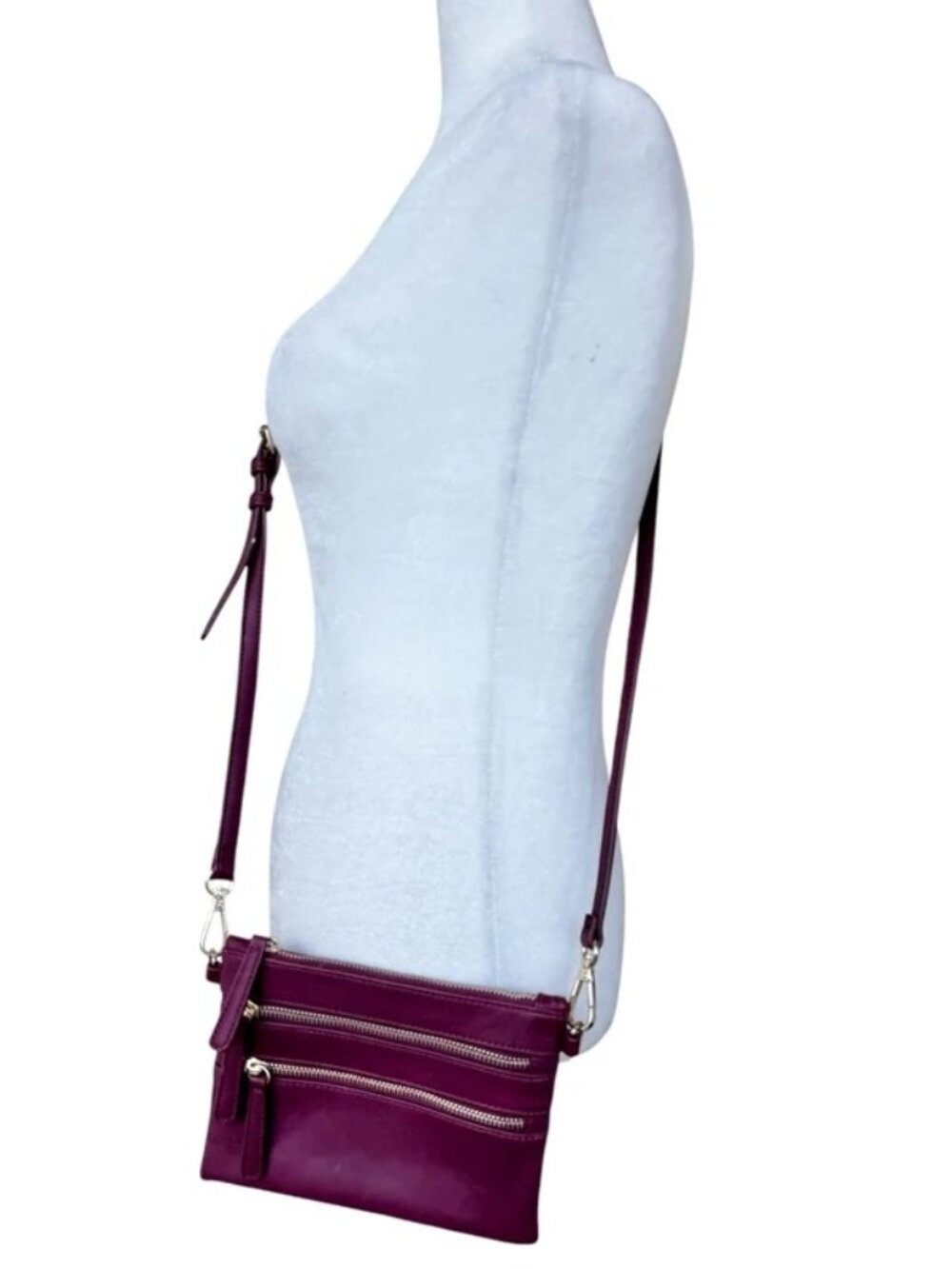 Burgundy Maroon Faux Leather Crossbody Purse Multiple Zipper Pockets